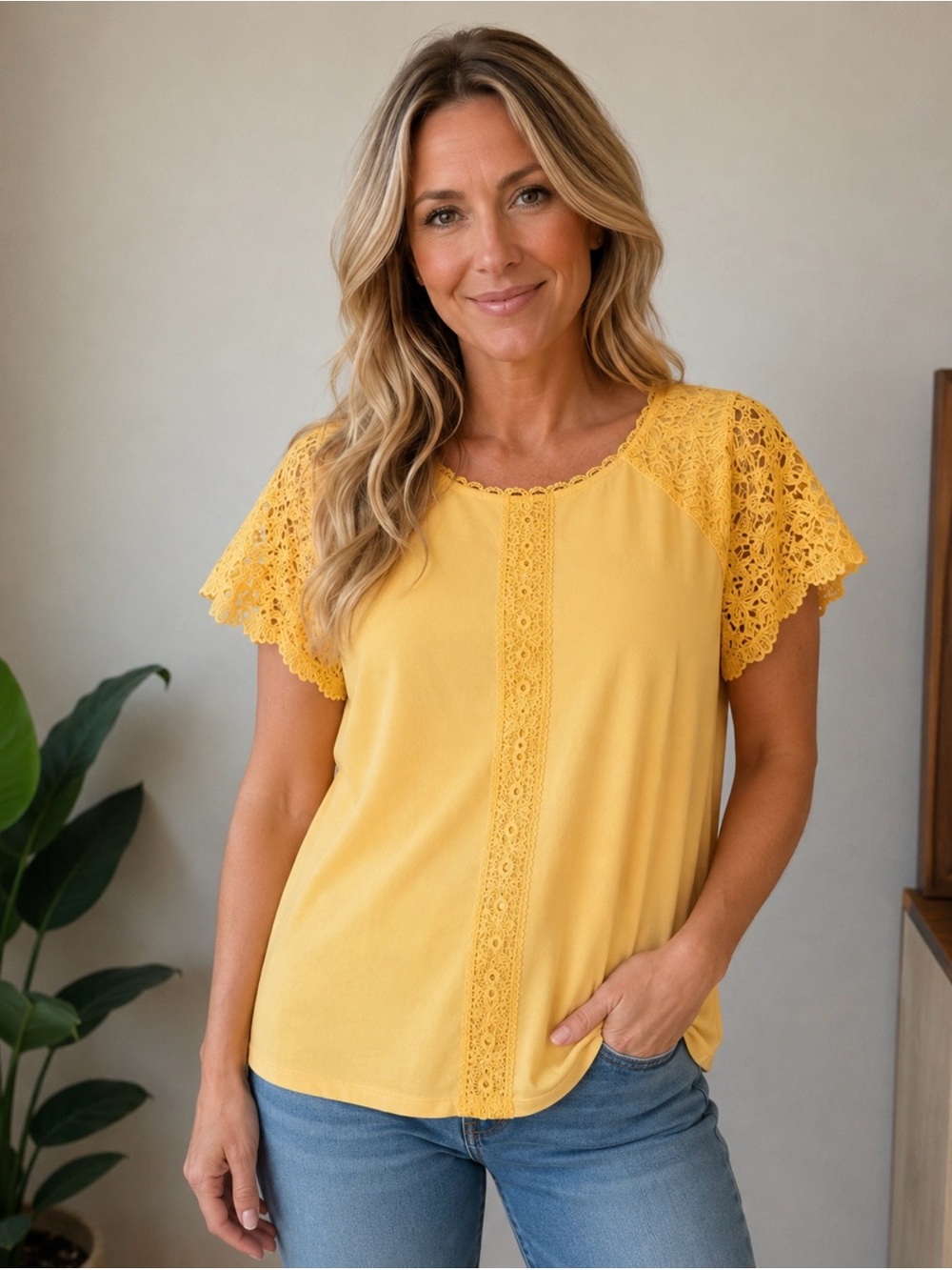 Cable & Gauge Orange Elegant Lace Sleeve Scoop Neck Top